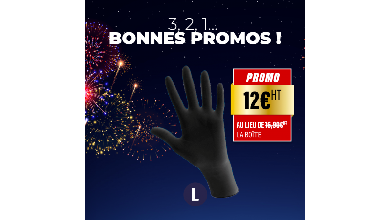 Gants noirs 100% nitrile - Taille L - Boîte de 100