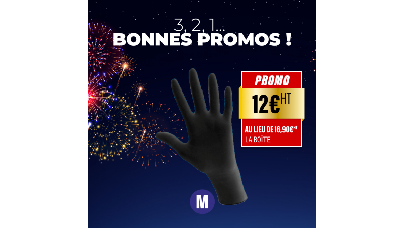 Gants noirs 100% nitrile - Taille M - Boîte de 100